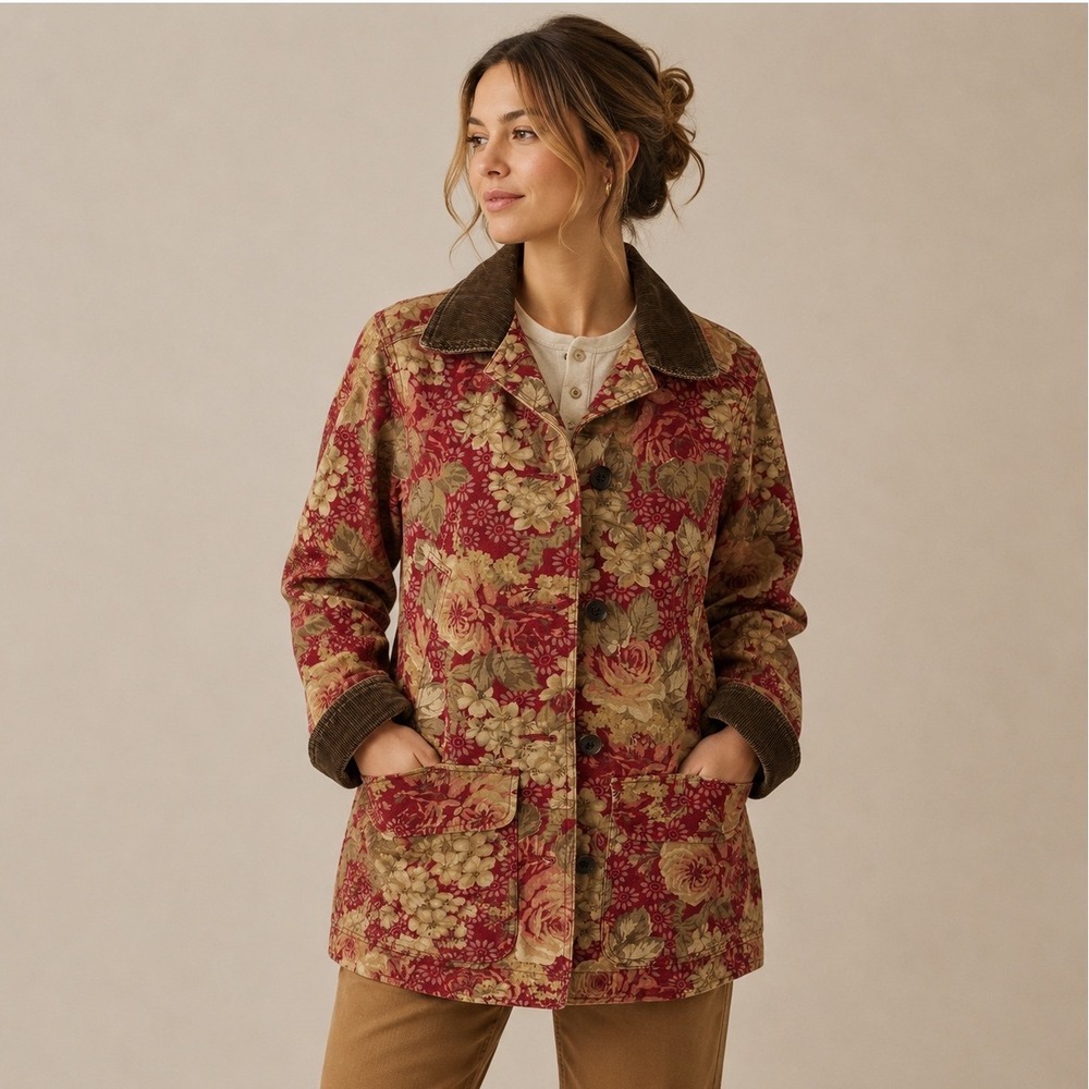 LL Bean VTG 90s Red‎ Floral Tapestry Barn Coat Corduroy Trim Women XSP Chore
